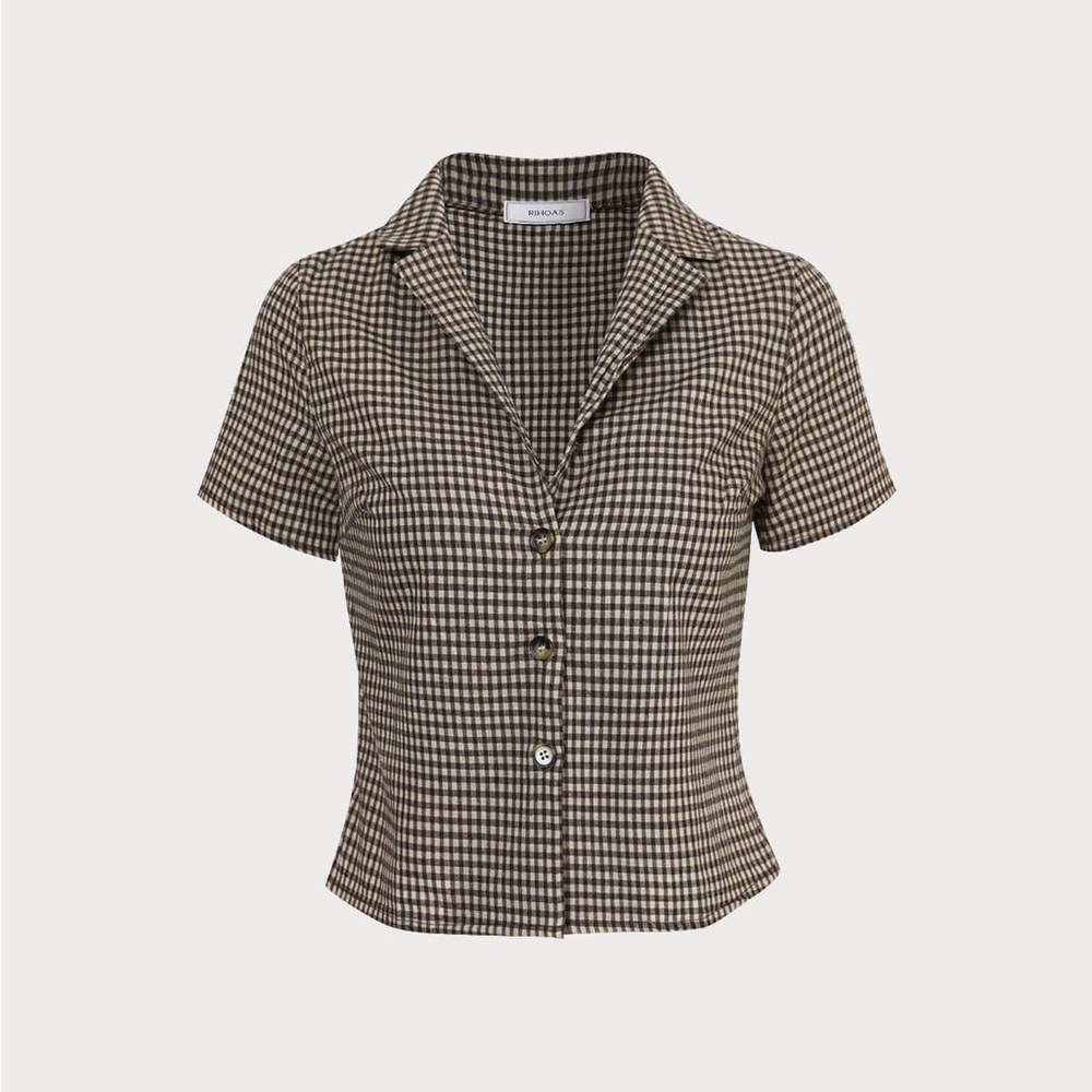 Rihoas Brown Lapel Plaid Short Sleeve Blouse